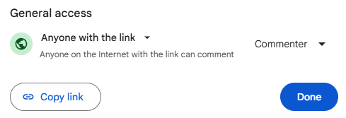 Settings for sharing a Google Doc